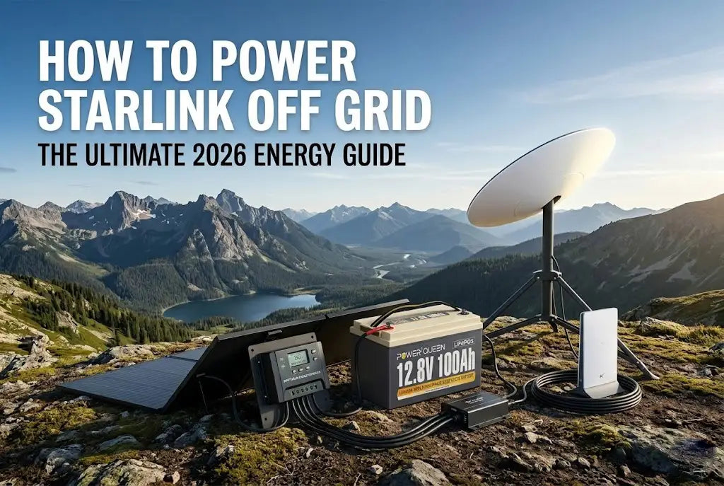 A complete off-grid power setup for Starlink featuring a Power Queen 12.8V 100Ah LiFePO4 battery, solar panels, and satellite dish in a mountain setting.