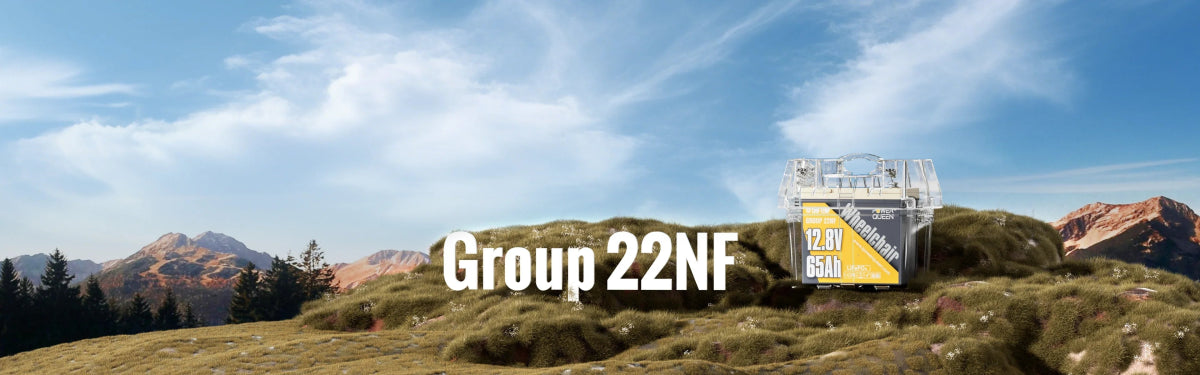 Concept illustration of Power Queen Group 22NF LiFePO4 battery on a grassy hillside outdoors