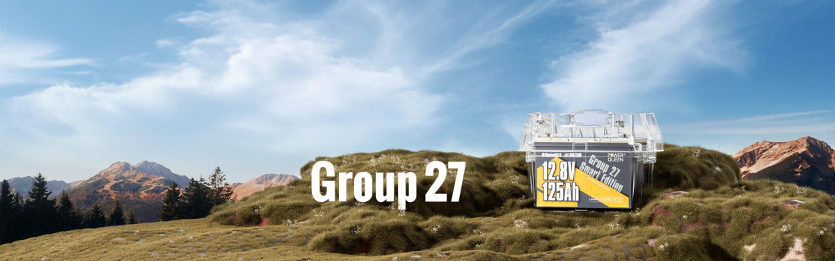 Concept illustration of Power Queen Group 27 LiFePO4 battery on a grassy hillside outdoors