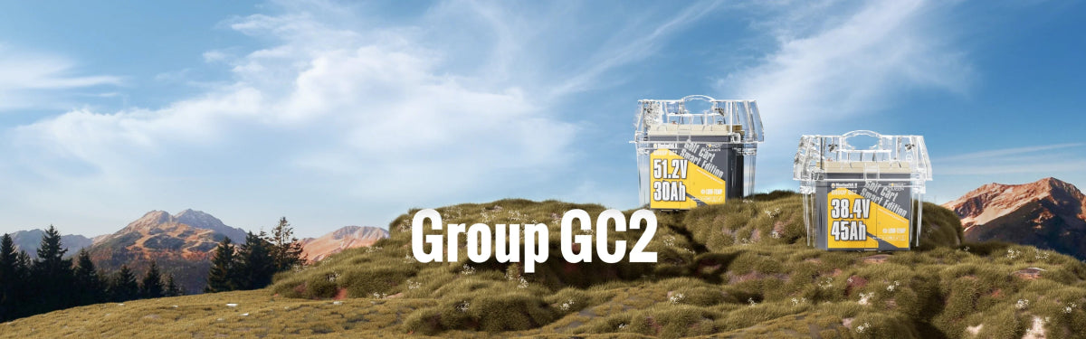Concept illustration of Power Queen Group GC2 LiFePO4 battery lineup on a grassy hillside outdoors