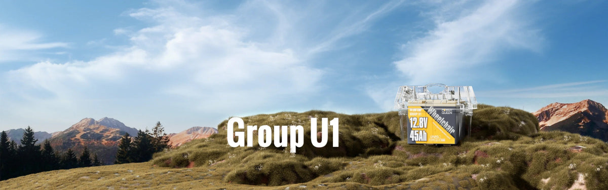 Concept illustration of Power Queen Group U1 LiFePO4 battery on a grassy hillside outdoors