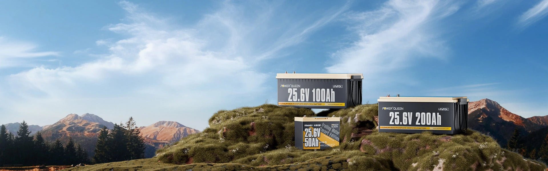 24v lifepo4 battery lineup on a mountain outdoors - Power Queen US