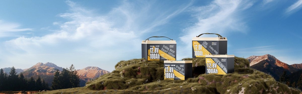 12V Lithium LiFePO4 Batteries lineup on a mountain outdoors - Power Queen US