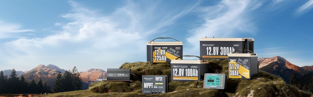 Concept illustration of Power Queen Lithium Battery and Charger Kits on a grassy hillside outdoors