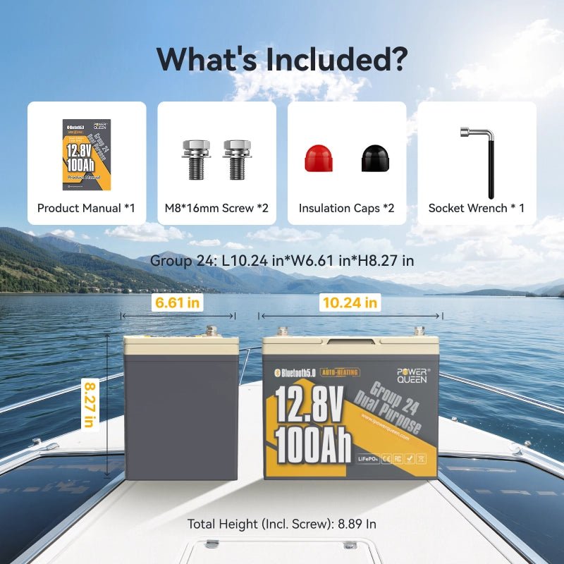 Power Queen 12V 100Ah dual purpose marine lithium battery group 24 showing package contents and physical dimensions.