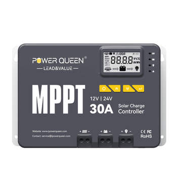 Power Queen 30A MPPT Solar Charge Controller front view with LCD display and 12V/24V compatibility.