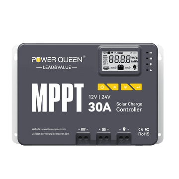 Power Queen 30A MPPT Solar Charge Controller front view with LCD display and 12V/24V compatibility.