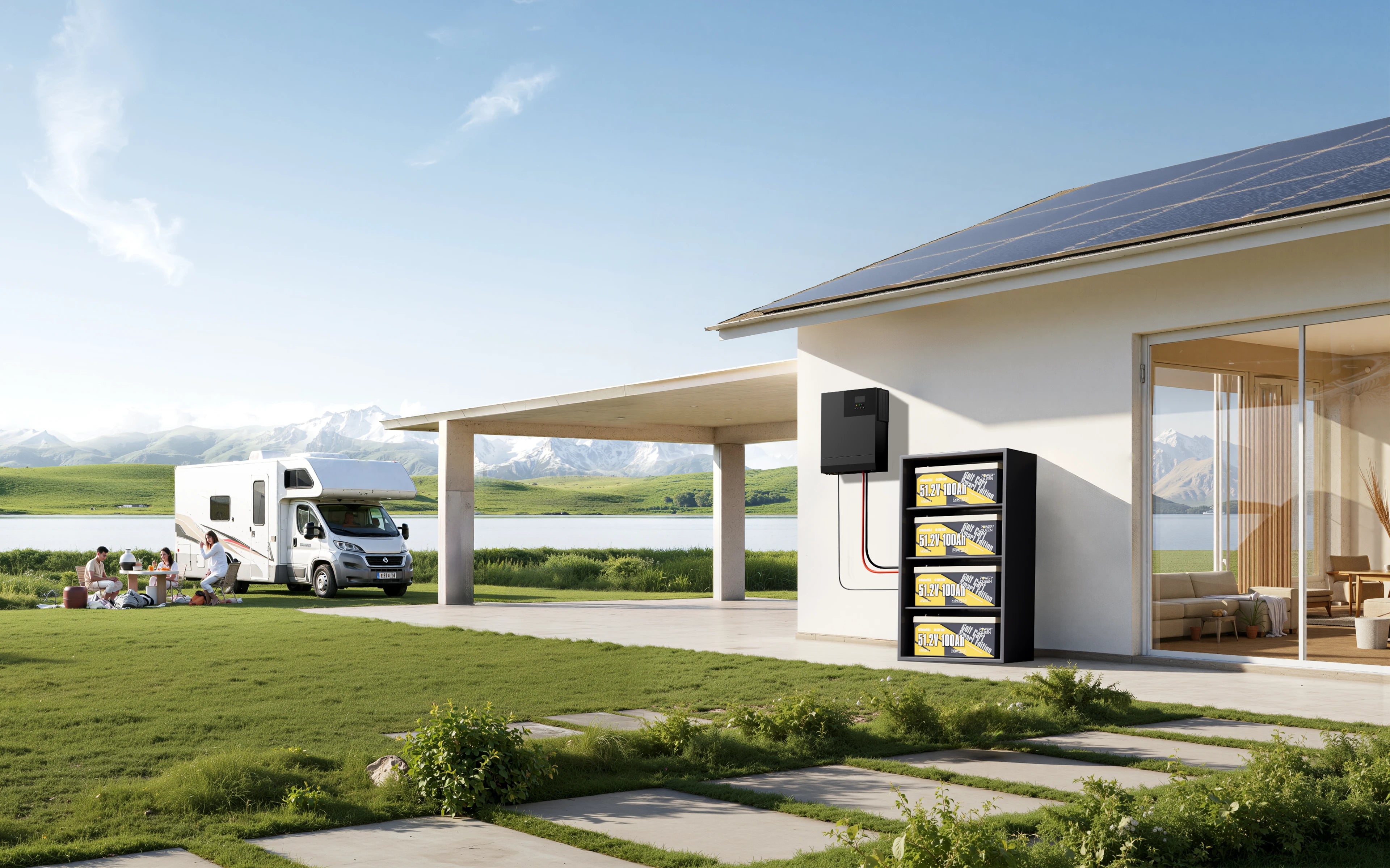 4-pack 48V 100Ah LiFePO4 batteries powering off-grid home or campsite