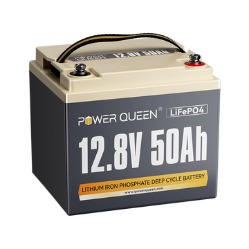 Close-up of Power Queen 12V 50Ah LiFePO4 deep cycle battery with compact design