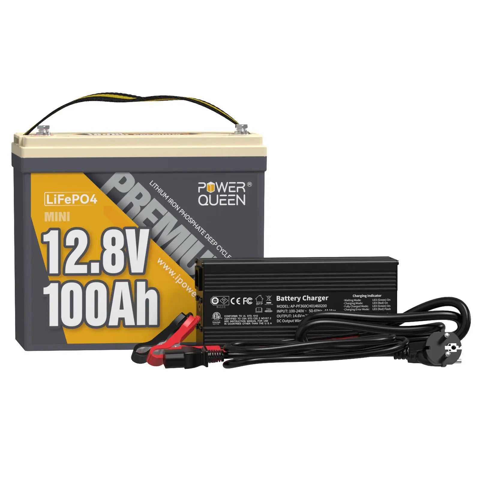 Power Queen 12V 20A Charger Kit With 12V 100Ah Mini Deep Cycle Lithium Battery Power Queen