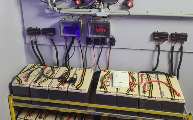 12V Lithium LiFePO4 Batteries with wiring and connectors on a metal shelf against a white wall.