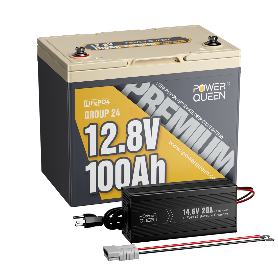 Power Queen 12V 100Ah Group 24 Deep Cycle Lithium Battery With 12V 20A Charger Kit - Power Queen US