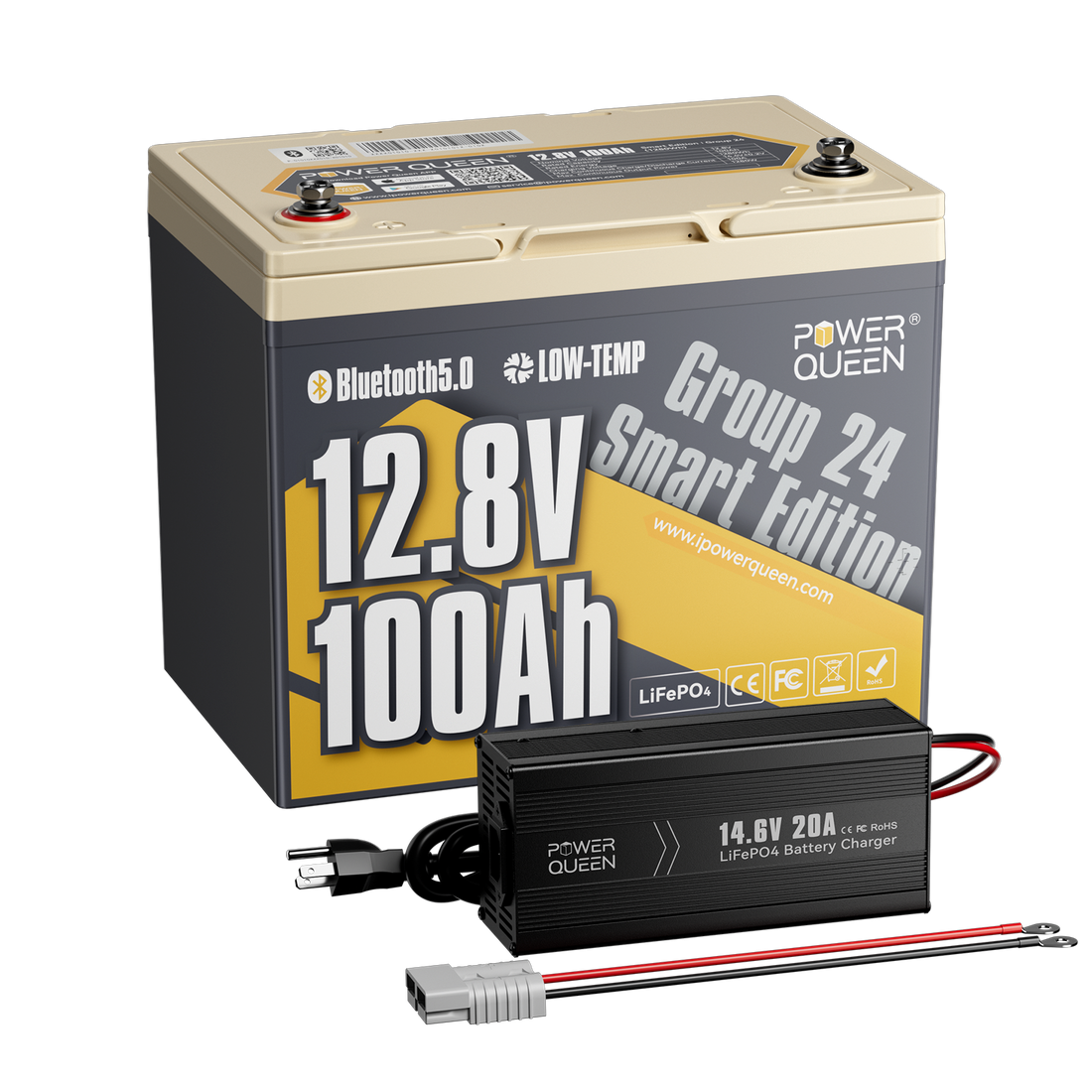Power Queen 12V 100Ah Group 24 Smart Deep Cycle Lithium Battery With 12V 20A Charger Kit - Power Queen US