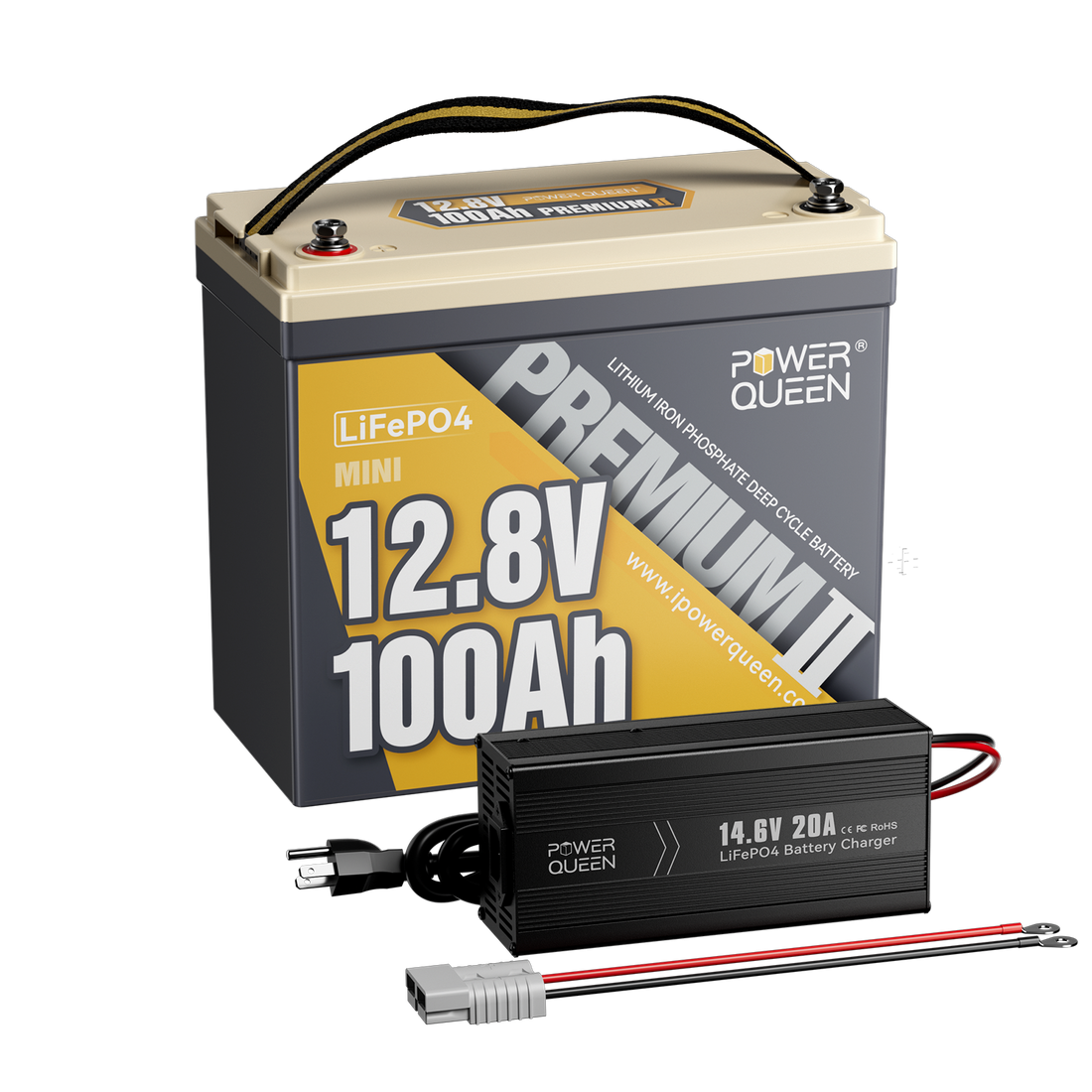 Power Queen 12V 20A Charger Kit With 12V 100Ah Mini Deep Cycle Lithium Battery Power Queen