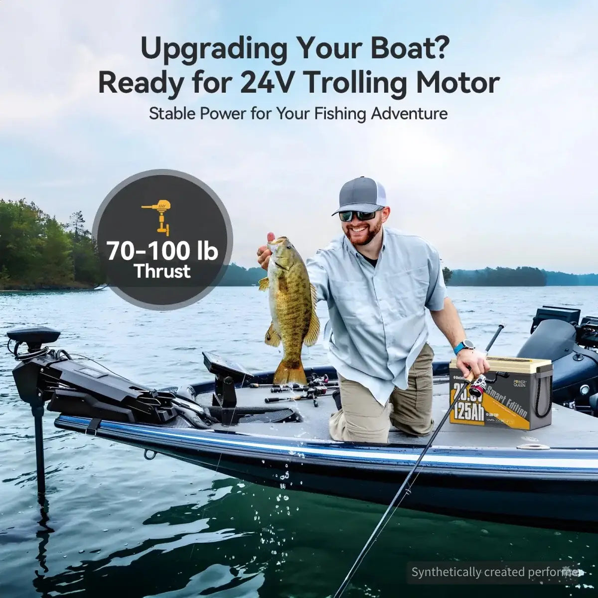 Power Queen Powerful 24V 125Ah lithium trolling motor battery designed for 70 to 100lb thrust boat motors.