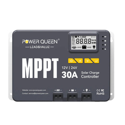 Power Queen 30A MPPT Solar Charge Controller front view with LCD display and 12V/24V compatibility.