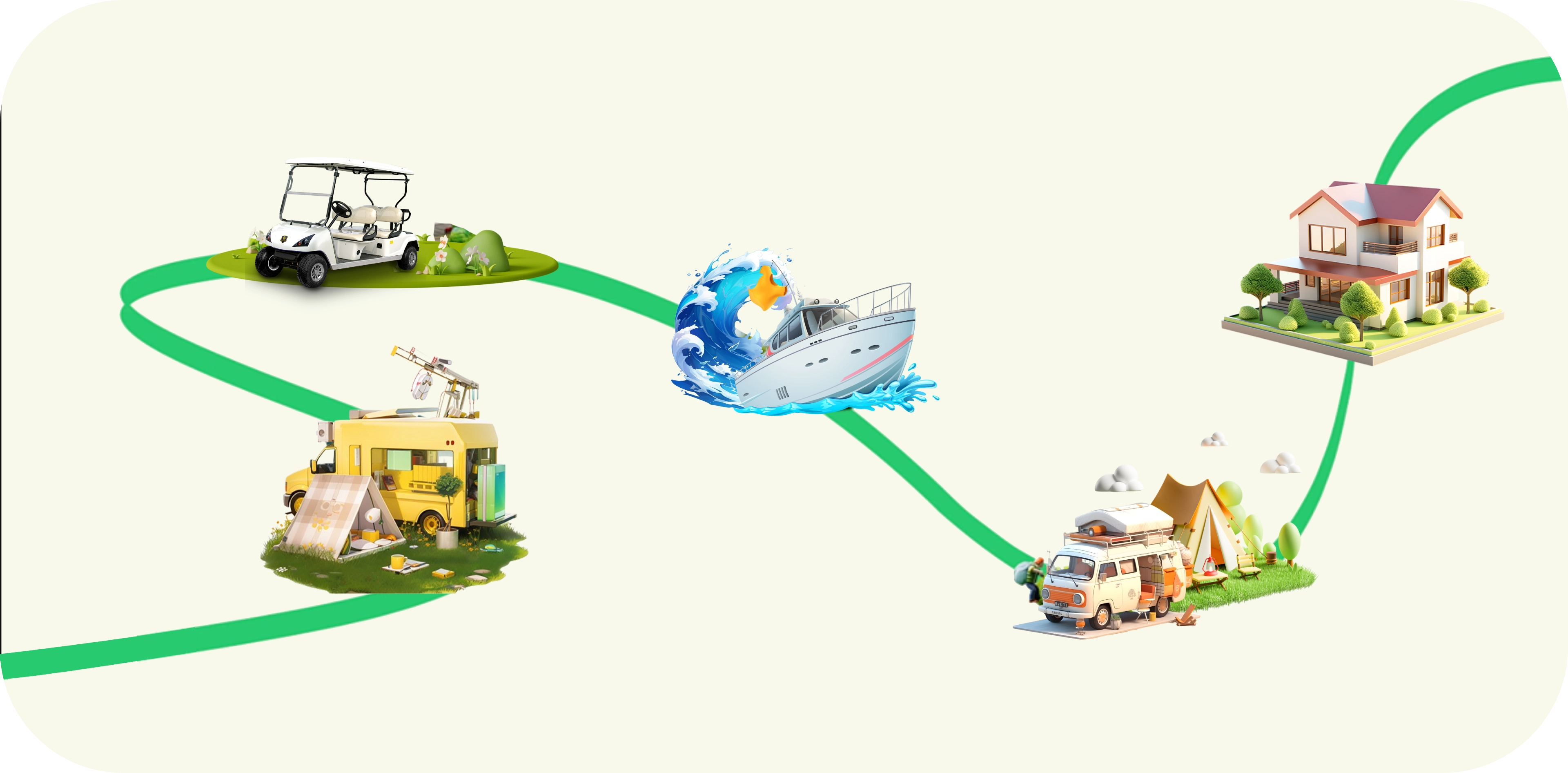 Green path connecting a golf cart, food truck, boat, and house for the Power Queen Big Spring Sale