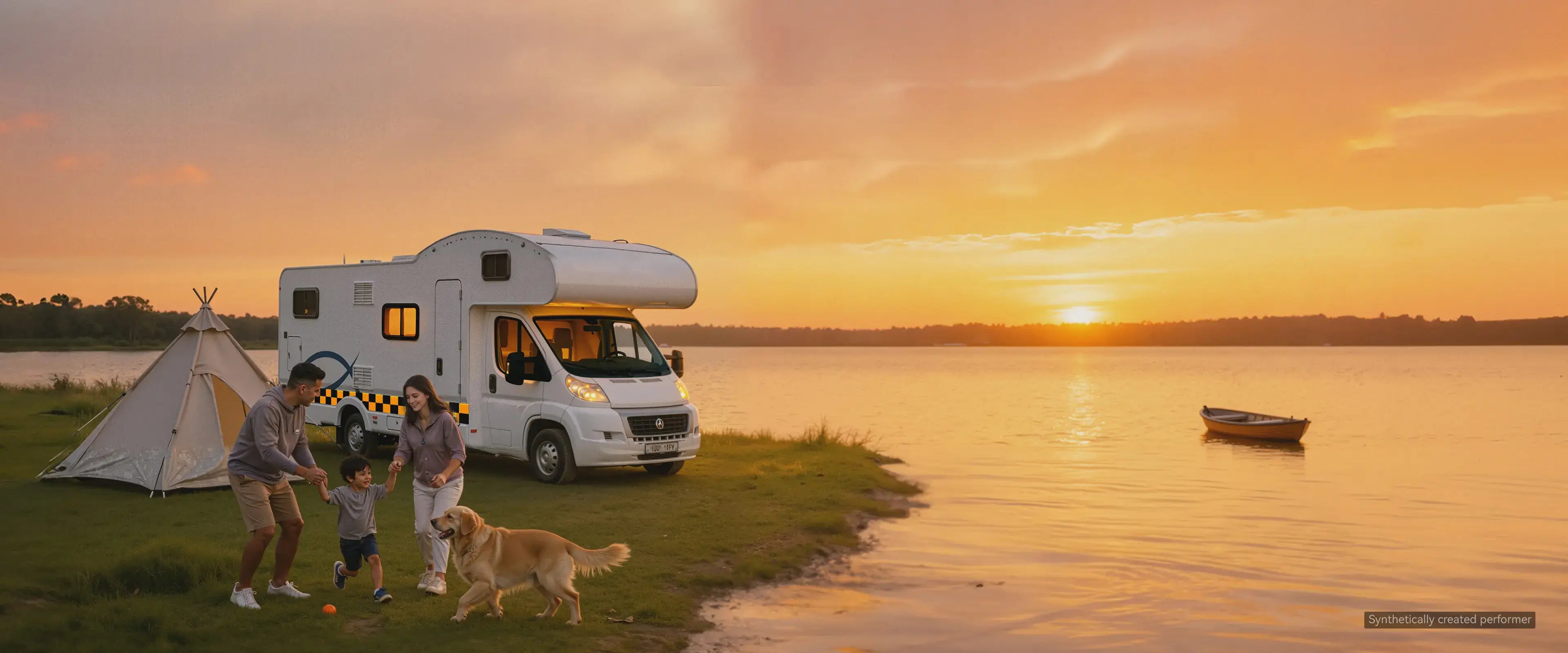 A family with a golden retriever enjoying a sunset camping trip by the lake with a modern motorhome and a tent.