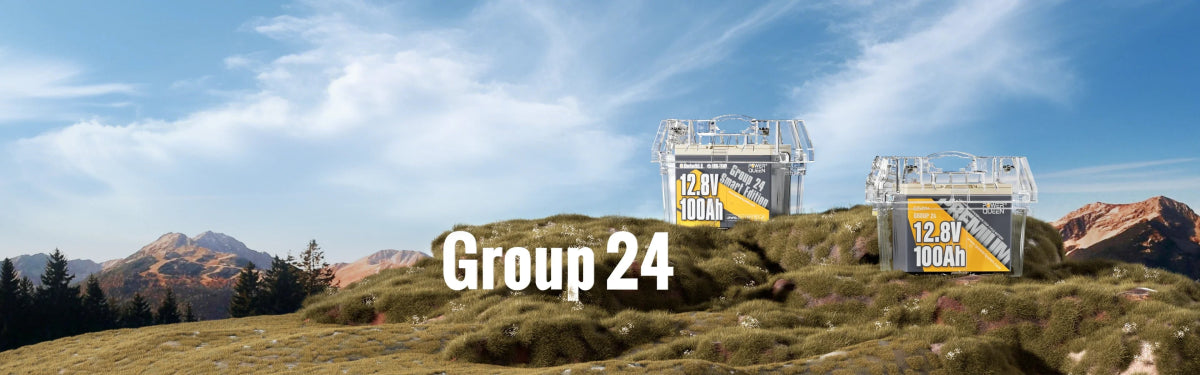 Concept illustration of Power Queen Group 24 Lithium battery lineup on a grassy hillside outdoors