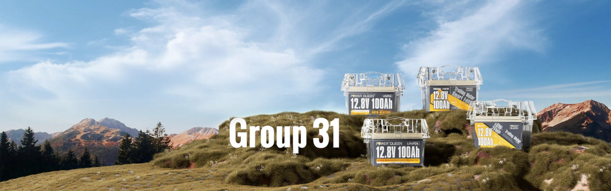 Concept illustration of Power Queen Group 31 LiFePO4 battery lineup on a grassy hillside outdoors