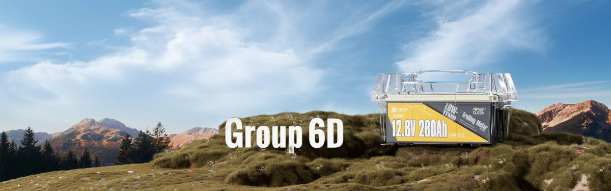 Concept illustration of Power Queen Group 6D LiFePO4 battery on a grassy hillside outdoors