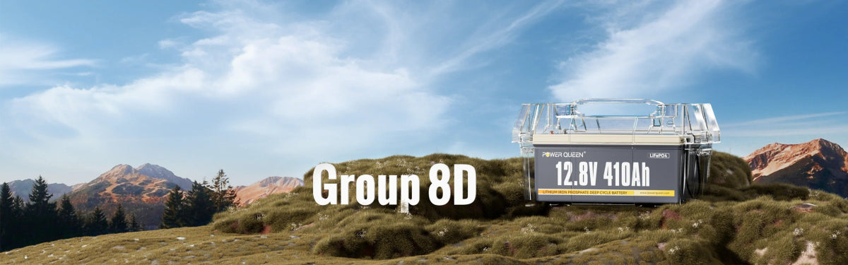 Concept illustration of Power Queen Group 8D LiFePO4 battery lineup on a grassy hillside outdoors