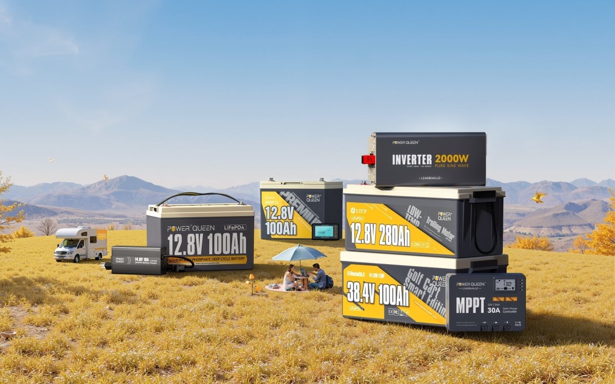 Power Queen LiFePO4 battery lineup placed in a golden wheat field outdoor setting-Labor Day Sale