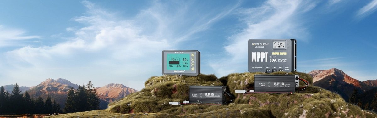 Concept illustration of Power Queen Solar Charge Controller on a grassy hillside outdoors