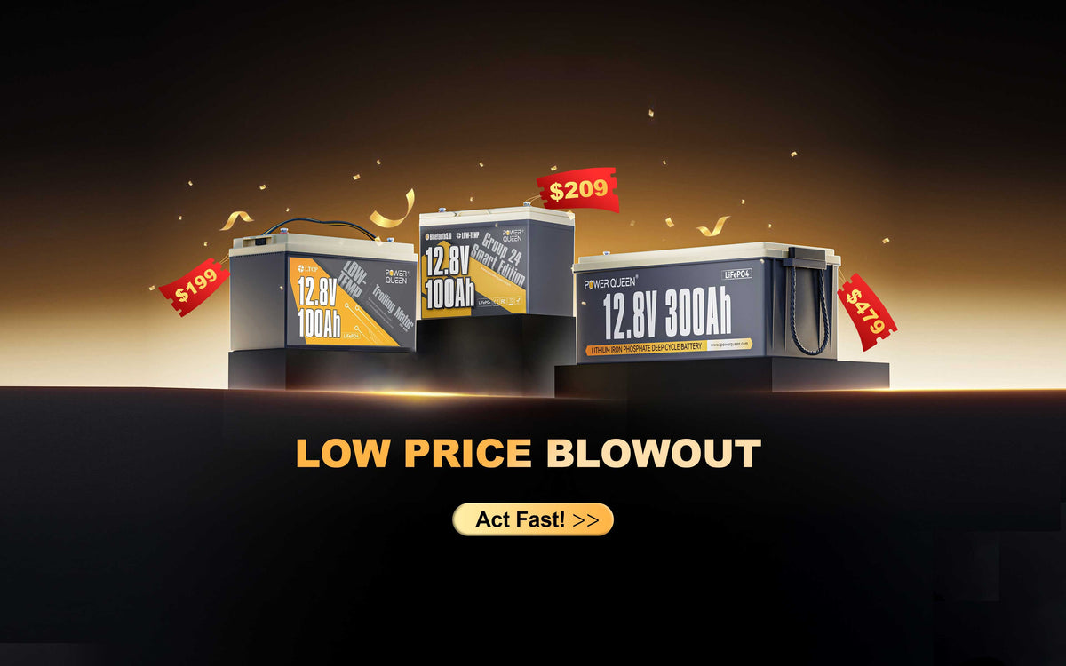 Power Queen LiFePO4 battery lineup displayed in a Halloween-themed deal banner