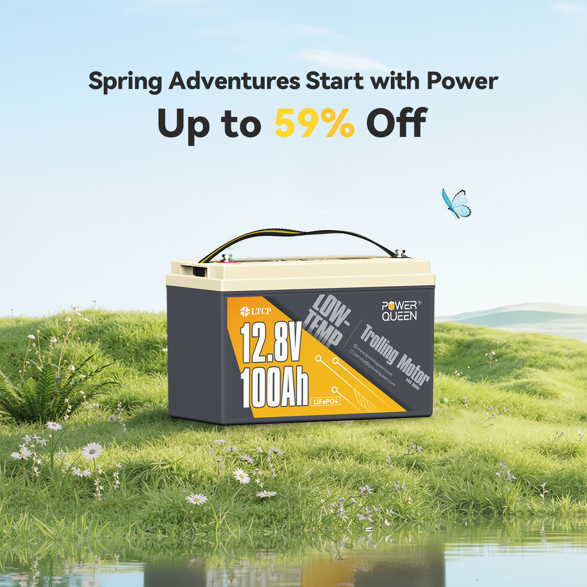 Power Queen 12.8V 100Ah Low-Temp Trolling Motor battery on a daisy field for the Big Spring Sale.