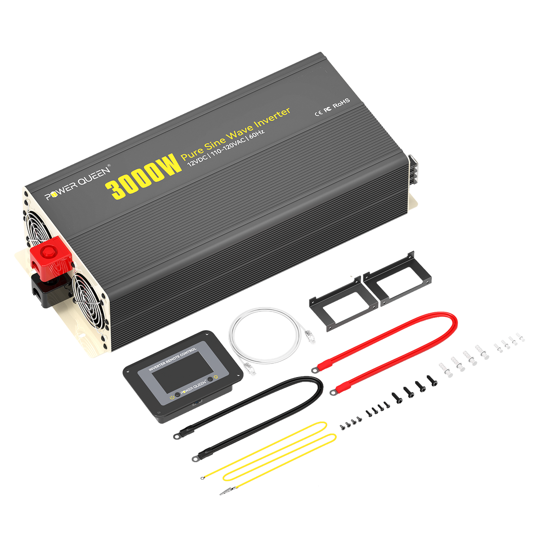 Power Queen 3000W Pure Sine Wave Inverter 12V DC to 110V AC Converter with 7 Outlets &amp; LCD Remote Control