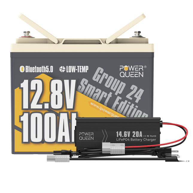 Power Queen 12V 20A Charger Kit With 12V 100Ah Group 24 Smart Deep Cycle Lithium Battery