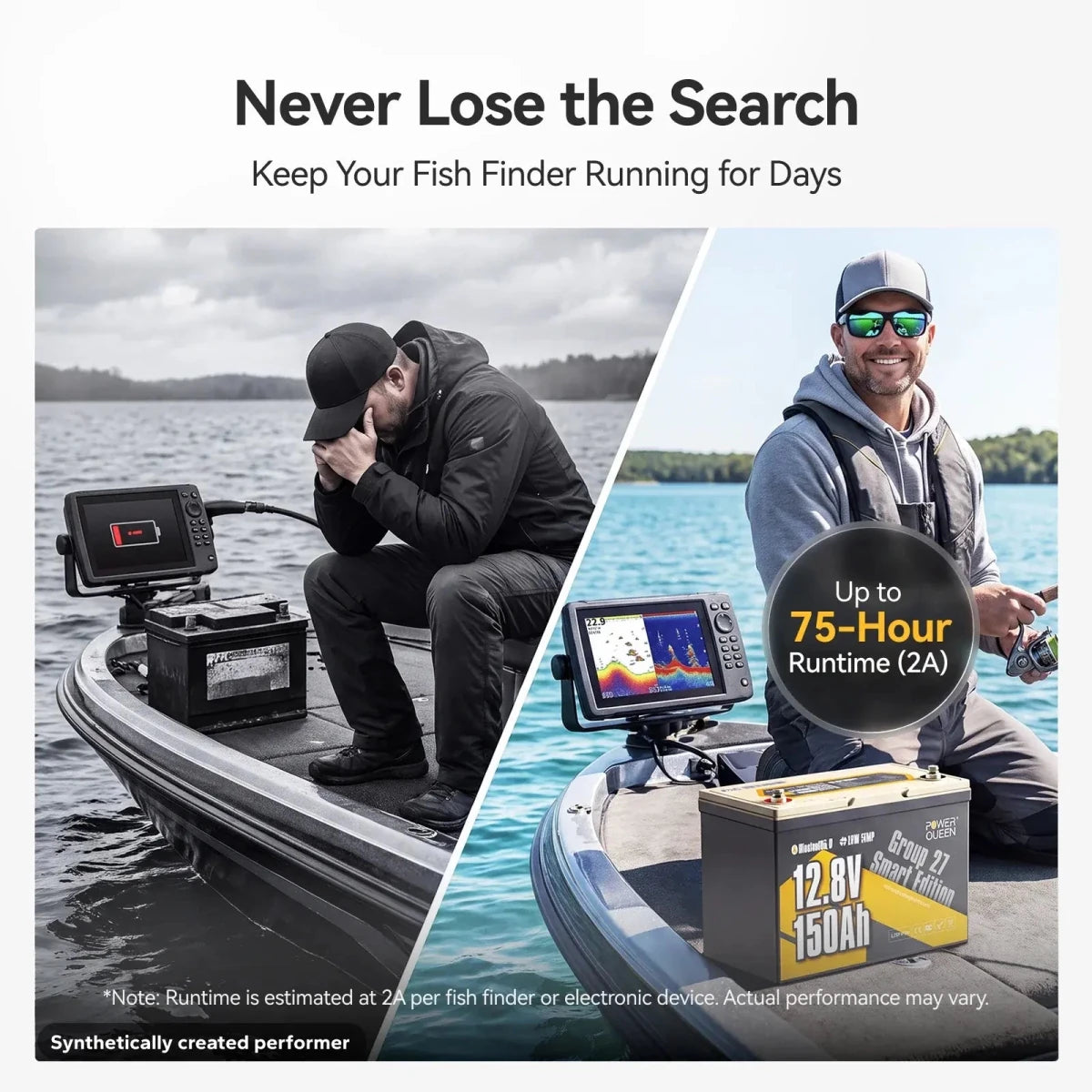 Power Queen 12V 150Ah group 27 deep cycle marine battery running fish finders for up to 75 hours.