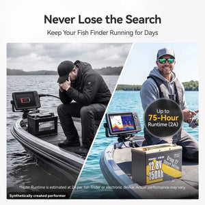 Power Queen 12V 150Ah group 27 deep cycle marine battery running fish finders for up to 75 hours.