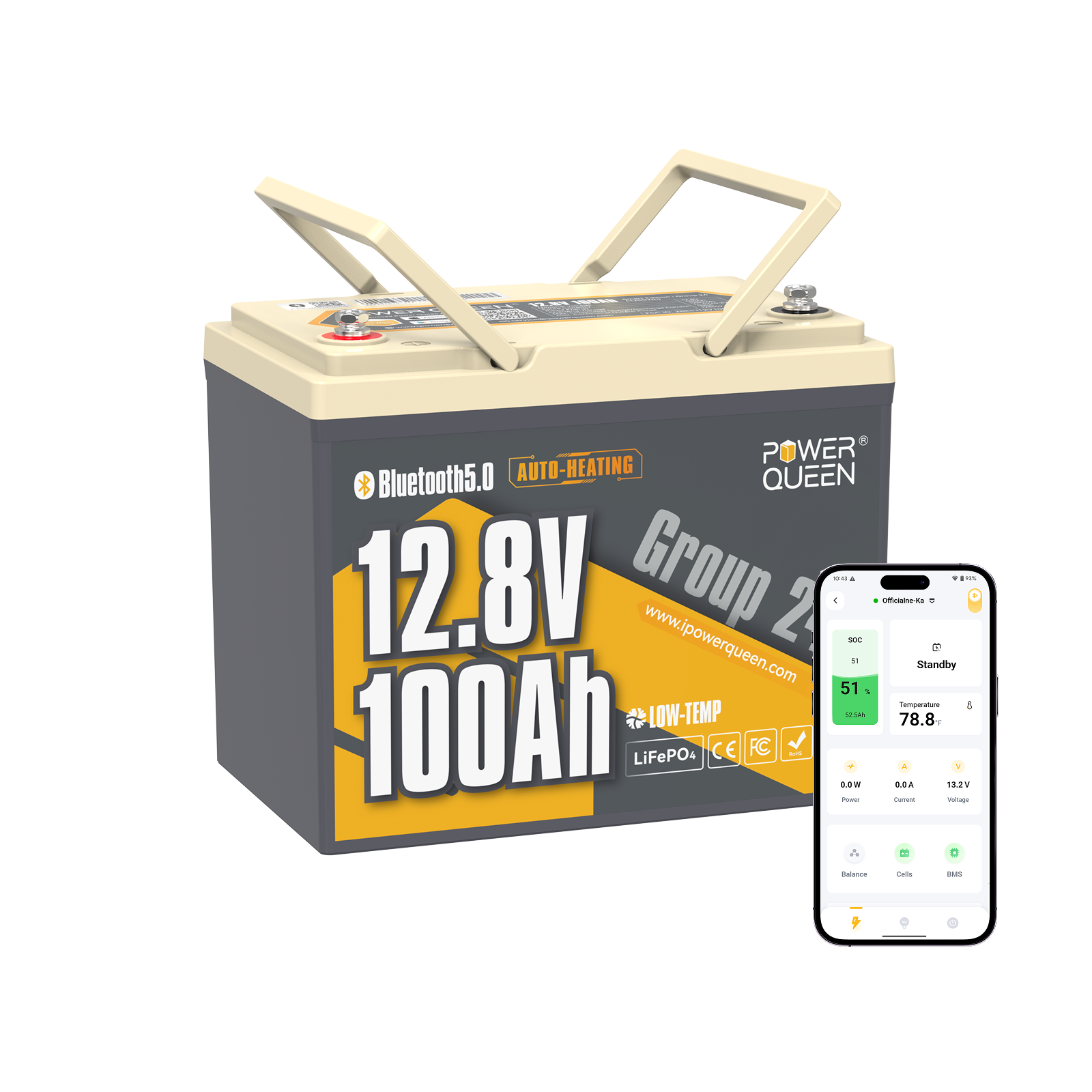 12V 100Ah Dual-Mode Self Heating Group24 LiFePO4 Battery with Bluetooth feature