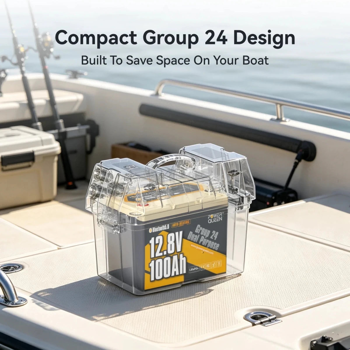 Power Queen 12V 100Ah dual purpose marine lithium battery group 24 featuring compact size to save space on boats.