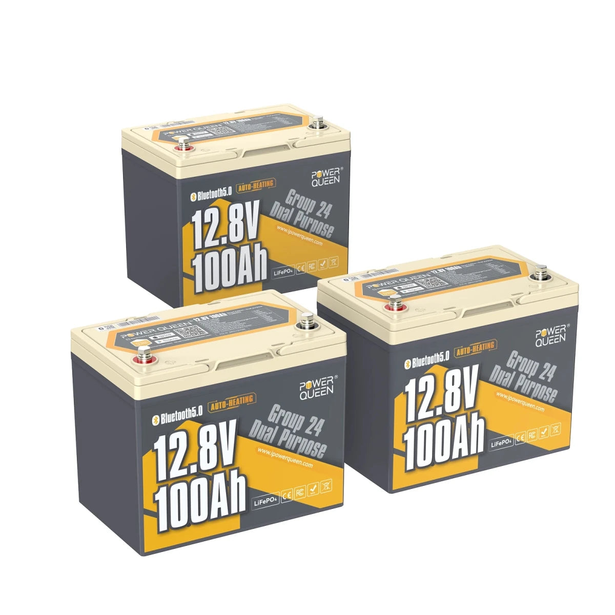 Power Queen 12V 100Ah dual purpose marine lithium battery group 24 set of three batteries