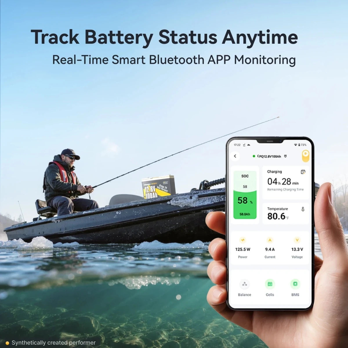 Power Queen 12V 100Ah dual purpose marine lithium battery group 24 showing real time Bluetooth app monitoring for battery status.