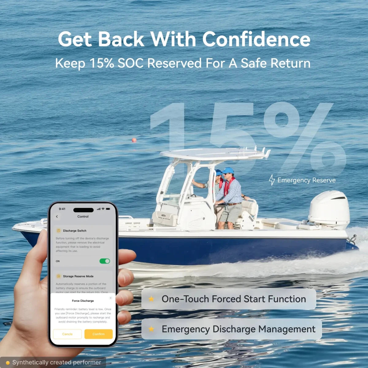 Power Queen 12V 100Ah dual purpose marine lithium battery group 24 smart storage reserve mode for safe return.