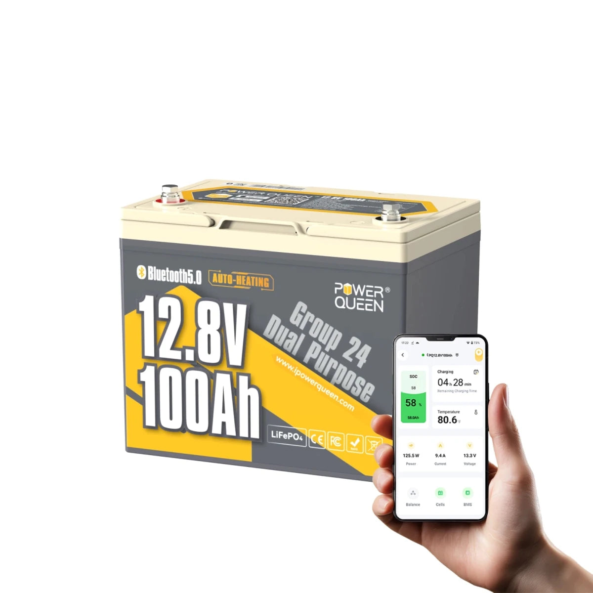 Power Queen 12V 100Ah dual purpose marine lithium battery group 24 with Bluetooth app monitoring screen.