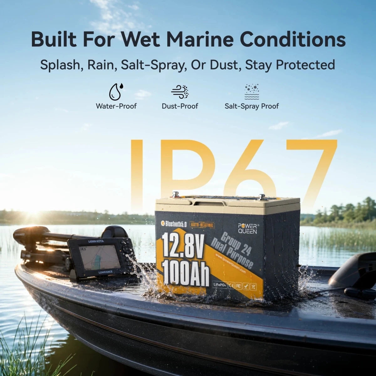 Power Queen 12V 100Ah dual purpose marine lithium battery group 24 with IP67 waterproof dustproof and salt spray protection.