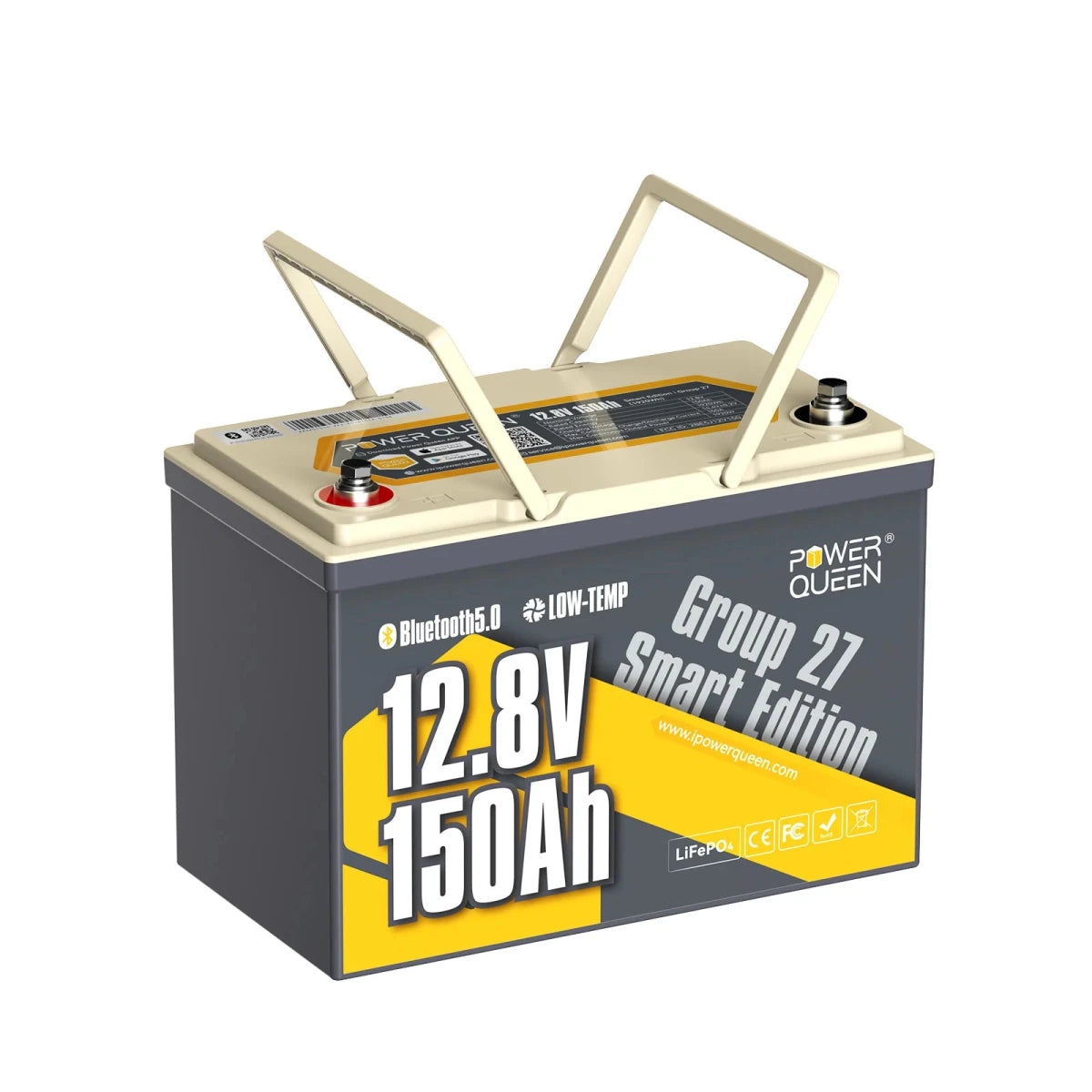 Power Queen 12v 150ah group 27 Bluetooth deep cycle lifepo4 battery with raised handles