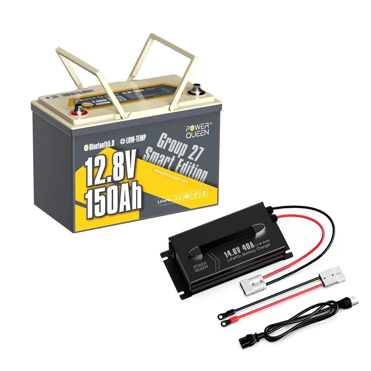 Power Queen 12v 150ah group 27 deep cycle lithium battery bundled with a 14.6V 40A LiFePO4 battery charger