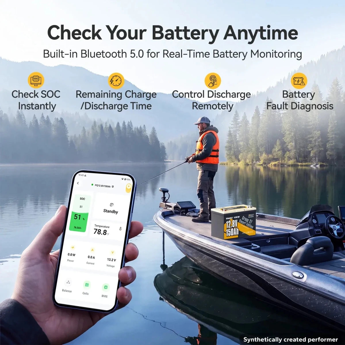 Power Queen 12V 150Ah group 27 deep cycle marine battery featuring Bluetooth 5.0 for real-time app monitoring.