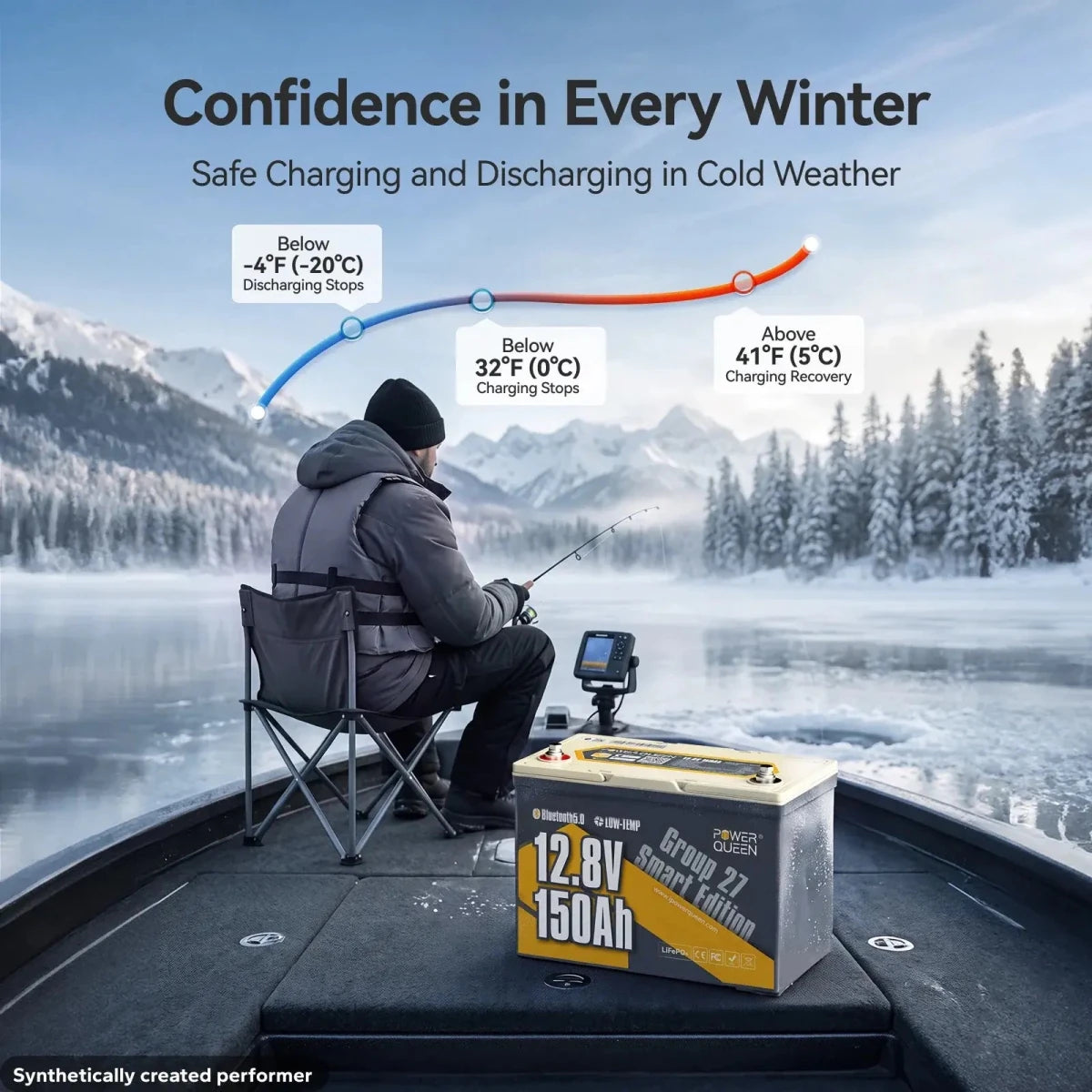 Power Queen 12V 150Ah group 27 deep cycle marine battery featuring low-temperature protection for winter fishing.