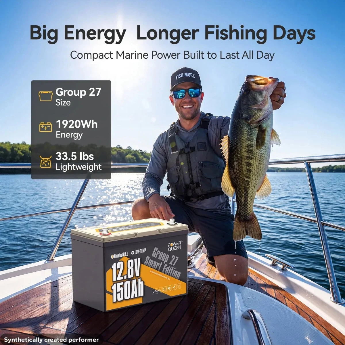 Power Queen 12V 150Ah group 27 deep cycle marine battery for longer fishing days on boats.