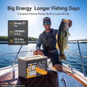 Power Queen 12V 150Ah group 27 deep cycle marine battery for longer fishing days on boats.