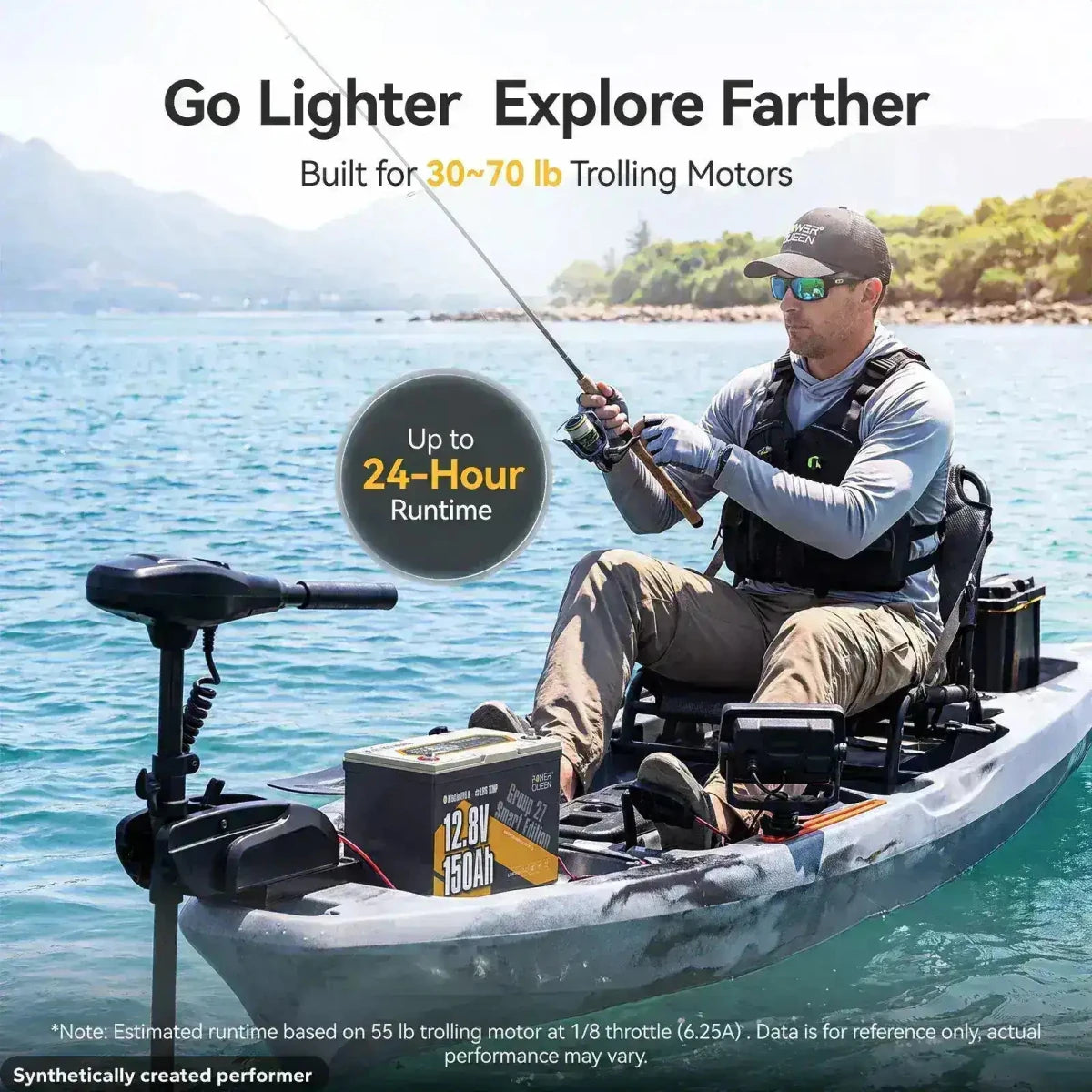 Power Queen 12V 150Ah group 27 deep cycle marine battery powering trolling motors with long runtime