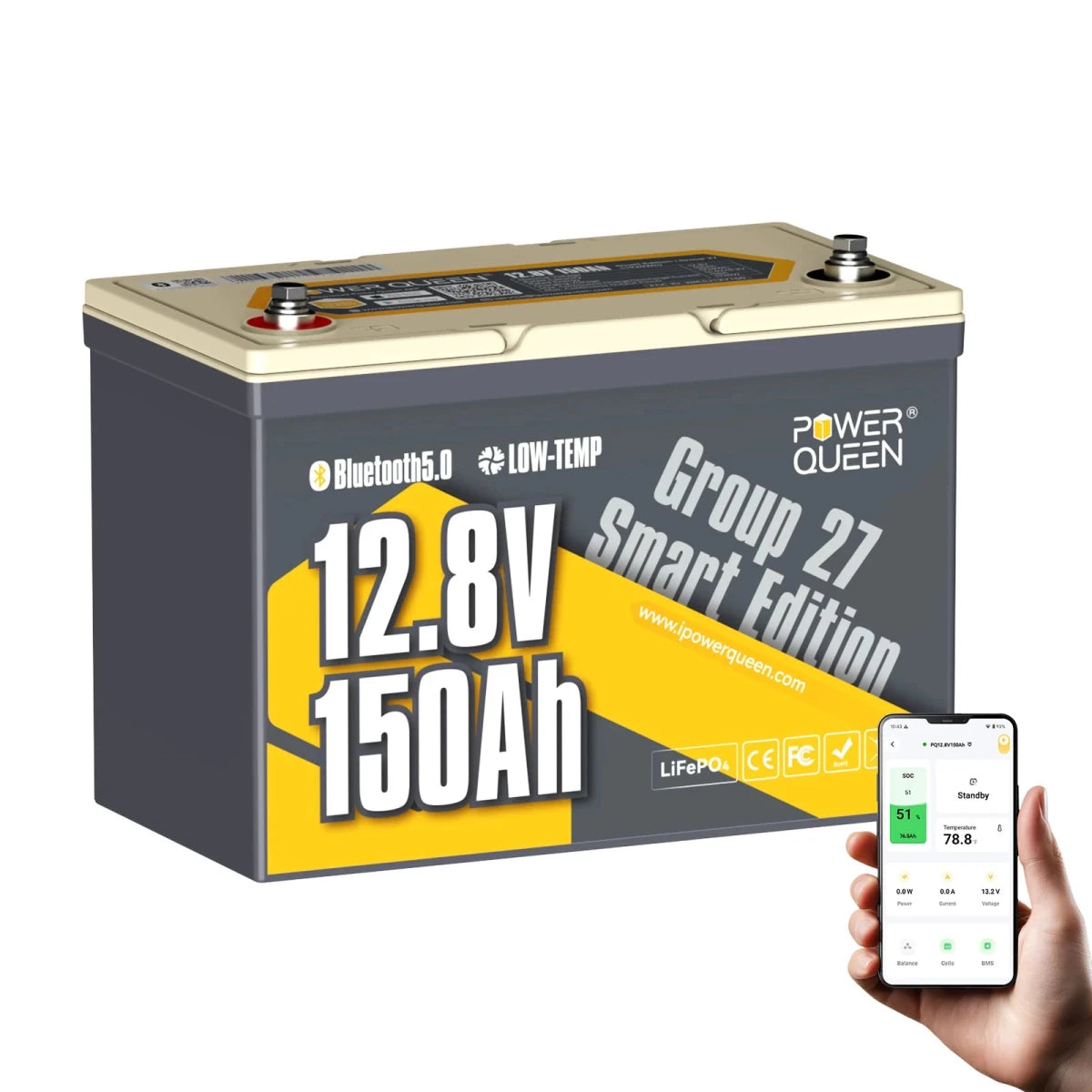Power Queen 12v 150ah group 27 smart Bluetooth deep cycle lifepo4 battery
