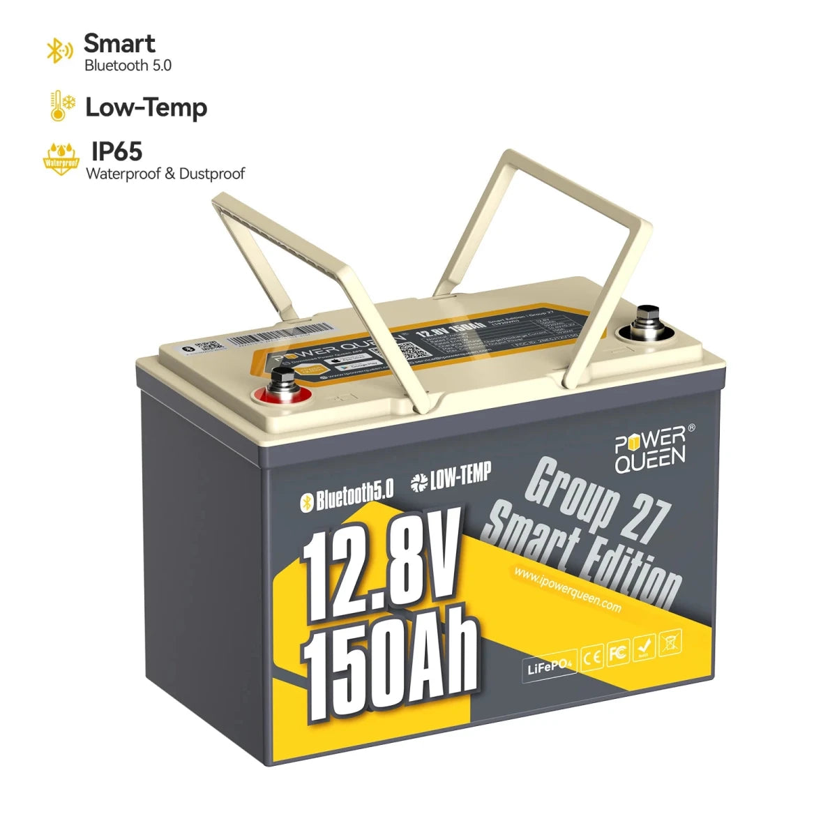 Power Queen 12v 150ah group 27 smart edition deep cycle lithium battery with raised handles